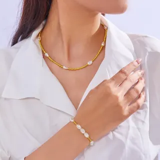 Elegant Oval Pearl Bracelet & Necklace Set, Gold Beaded Strand, Alloy 18K Gold Plated, Adjustable 40+5cm, 1cm Imitation Pearl, 2-Piece Jewelry Set
