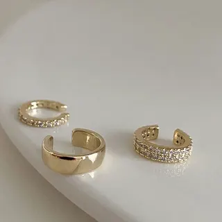 C-Shaped Hoop Earrings Set of 3, Gold Plated Alloy with Micro-Pavé Cubic Zirconia, Open Cuff No-Piercing Ear Cuffs, Minimalist Luxury Stackable Earrings