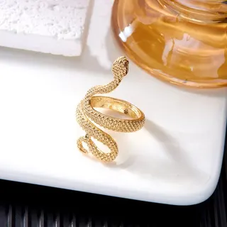 Gold Snake Ring Adjustable Open Bangle, 18K Gold Plated Alloy, 3D Textured Scale Pattern, Statement Finger Ring for Women (Size 7)