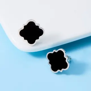 Stainless Steel Enamel Stud Earrings - Black Four-Leaf Clover Petal Design, Hypoallergenic Tarnish-Free, Minimalist 1.5cm