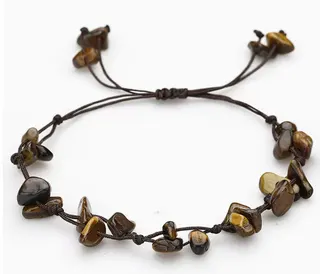 Natural Tiger Eye Stone Beaded Bracelet, Handwoven Adjustable Drawstring Cord, Boho Cat's Eye Polished Chips, Unisex 16-32cm