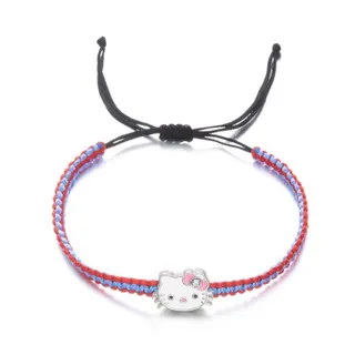 Hello Kitty Style Woven Bracelet, Blue Macaron Adjustable Drawstring, Alloy Cat Face Charm with Rhinestone Bow, Cute Girl Jewelry 15-30cm