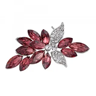 Wine Red Rhinestone Flower Brooch, White Gold Plated Alloy Marquise Crystal Pin, Elegant Vintage Lapel Brooch for Women, 2.3x4.8cm