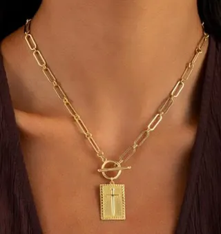 Gold Paperclip Chain OT Cross Pendant Necklace - 18K Gold Plated Alloy, Vintage Religious Tau Cross Long Chain 50cm