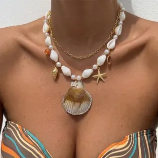 Boho Beach Shell Starfish Pearl Layered Necklace Set, Gold Alloy 18K Plated, Ocean Vacation Statement Pendant Jewelry for Women
