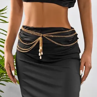 Pearl Multi-Layer Chain Waist Belt with Tassel, Gold Iron Chain & Pearl Drop, ~110cm Adjustable, Boho Luxury Body Jewelry for Women