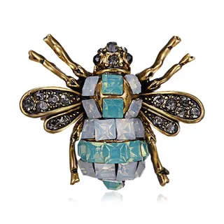 Vintage Bee Brooch, Rhinestone Insect Pin, Antique Gold Alloy with Blue & Grey Crystal, Fashion Lapel Brooch for Blazer Coat Hat Bag, 2.2x2.5cm