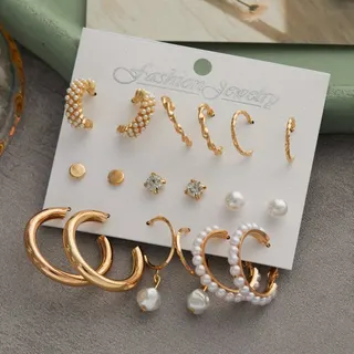 9 Pairs Pearl C-Shape Hoop Earrings Set, 18K Gold Plated Alloy with Zircon Studs & Drop Earrings, French Vintage Luxury Ear Jewelry Gift Pack