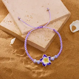 Yellow Woven Bracelet with Plumeria Flower Bead, Adjustable Braided Cord Boho Beach Jewelry, Summer Vacation Hand Accessory 16-28cm