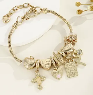 Gold Cross Heart Charm Bracelet - Alloy Snake Chain Multi-Bezel Lobster Clasp with Extender, Zirconia Accents, Gift for Women