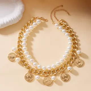 Vintage Roman Coin Necklace Set - 2pcs Alloy & Faux Pearl Layered Chain Necklace with Medallion Pendant, Silver, Women's Jewelry