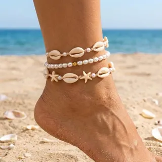 Boho Beach Anklet Set of 3 - Shell & Starfish Pearl Anklets, Gold Accent Beads, 20cm, Summer Vacation Ankle Bracelets for Women