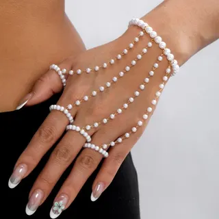 Boho Pearl Finger Chain Bracelet, Multi-Layer Gold Alloy 18K Plated Pearl Hand Wrap, Wedding Bridal Hand Jewelry, 18cm