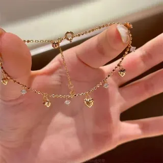 Gold Heart Charm Bracelet with Cubic Zirconia, Adjustable 17+5cm Fine Chain, 18K Gold Plated Alloy, Sweet Delicate Jewelry Gift for Women