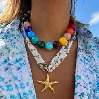 Boho Beach Starfish Necklace Set - 18K Gold Plated Stainless Steel Starfish Pendant Scarf Chain + Colorful Acrylic Bead Choker, 2-Piece Layered Necklace for Summer Vacation