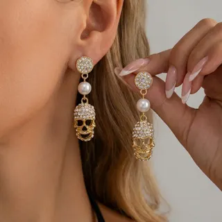 Halloween Skull Dangle Earrings Gold Rhinestone Pearl Drop Earrings Gothic Punk Statement Earrings for Women