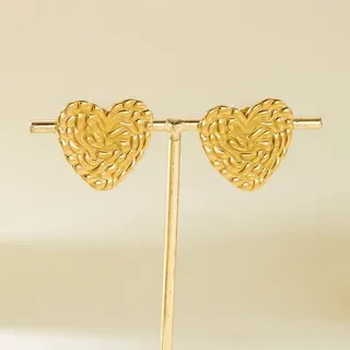 Gold Heart Stud Earrings - Stainless Steel 18K Gold Plated, Ripped Texture Geometric Design, Hypoallergenic Tarnish-Free, 2.6cm, Pair