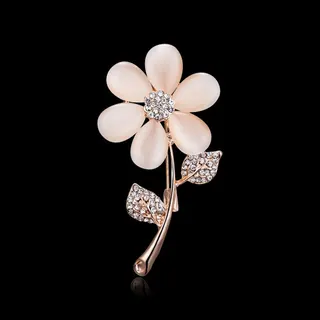 Flower Brooch for Women, Rose Gold Cat's Eye Petal & Rhinestone Stem Leaf Brooch, Elegant French Vintage Lapel Pin for Suit Blazer Wedding Party, 6.3x3.5cm