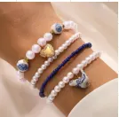 Heart Charm Beaded Bracelet Set of 4 - Imitation Pearl & Rice Bead Stackable Bracelets, Sweet Girly Macaron Color, Approx 6cm, Gift for Her