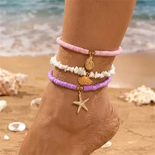 Summer Beach Anklet Set - Starfish & Shell Charm Beaded Ankle Bracelet, Alloy 18K Gold Plated with Clay Beads, Pink White Purple 3-Piece Boho Ocean Style, Adjustable 22+5cm