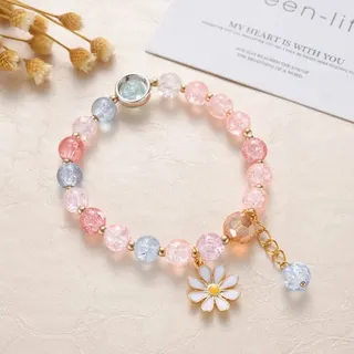 Daisy Charm Beaded Bracelet - Pink & Blue Cracked Glass Beads, Elastic Stretch Bracelet with 18K Gold Plated Chain Extender, Cute Girl Jewelry Gift