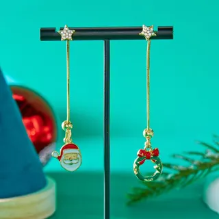 Christmas Asymmetric Dangle Earrings, Gold Alloy Enamel Santa Claus Gift Box & Rhinestone Star Tassel Earrings, Adjustable Drop Earrings for Women Holiday Party Jewelry