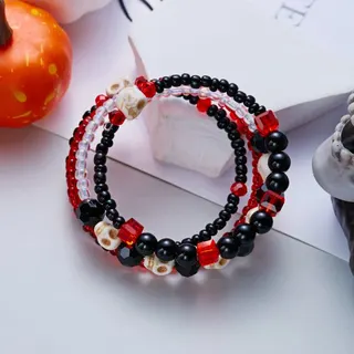 Halloween Skull Beaded Bracelet - Gothic 4-Layer Stackable Red Black Crystal & Turquoise Skull Charm Bracelet for Women Party Cosplay