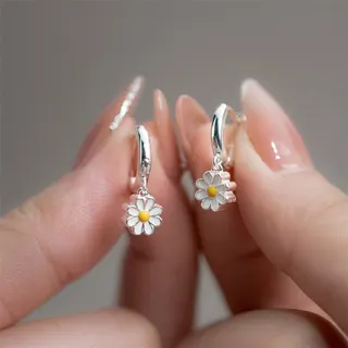 Daisy Flower Huggie Hoop Earrings - French Chic Girl Style, Silver Plated Copper with Enamel Petals & Yellow Center, ~3cm, Pair