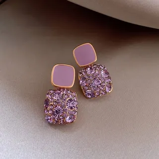 Vintage Square Stud Earrings Women, Rose Gold Alloy with Purple Rhinestone & Enamel, Geometric Double-Layer Hoop Earrings, 2.5x1.4cm