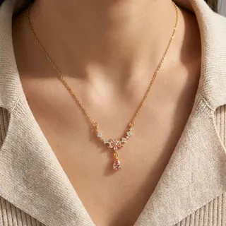Pink Flower Zircon Necklace for Women, 18K Gold Plated Copper with Teardrop Pendant, Adjustable 42+5cm Delicate collarbone Chain