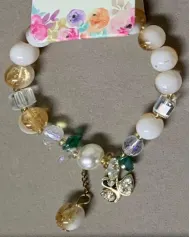 Vintage French Glass Bead Bracelet with Pearl & Flower Dangle Charm, Bohemian Multi-Color Crystal Beaded Hand Jewelry, 1pc