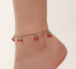 Cherry Anklet for Women, 18K Gold Plated Alloy Foot Chain with Red Enamel Cherry Charms, Adjustable 20+5cm, Sweet Summer Beach Jewelry