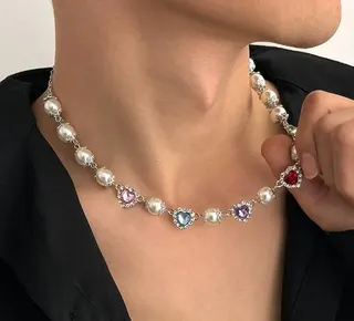 French Chic Pearl Heart Necklace - Silver Alloy Freshwater Pearl Chain with Multicolor Rhinestone Hearts, Adjustable 46+7cm Clavicle Chain for Bridesmaid & Daily Wear