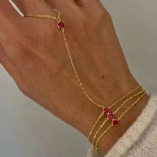 Stainless Steel Red Zircon Three-Layer Finger Chain Bracelet, 18K Gold Plated, Adjustable 16+3cm, Hypoallergenic French Chic Stacking Hand Jewelry