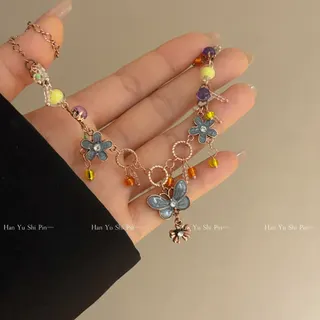 Vintage Butterfly Flower Beaded Necklace, Rose Gold Alloy Enamel Pendant with Rhinestone, Bohemian Adjustable Long Chain 36.5+10cm