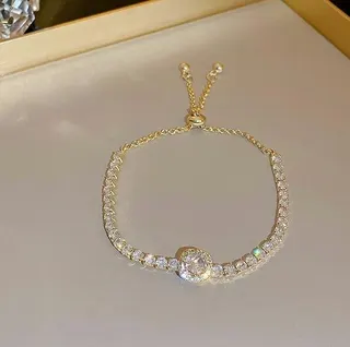 Sparkling Full-Paved Zircon Bracelet for Women, 18K Gold Plated Adjustable Slide Chain, Center Stone Cubic Zirconia, Elegant Gift Jewelry