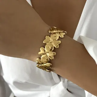Gold Heart Cuff Bracelet for Women - Stainless Steel 18K Gold Plated Symmetrical Petal Wide Bangle, Vintage Luxury Jewelry Gift