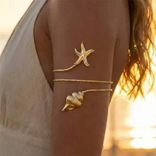 Summer Beach Starfish & Shell Arm Cuff, Gold Plated Iron Bangle, Boho Ocean-Themed Armlet for Vacation & Photoshoot, Approx 9.5cm