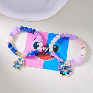 Stitch Couple Beaded Bracelet Set - Crystal & Obsidian Beads with Alloy Cartoon Charm, 18cm Blue-Yellow & Black Matching Pair, Cute Gift for Her