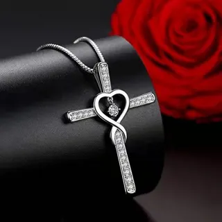 Heart Cross Pendant Necklace with Rhinestones, Alloy Fashion Choker Chain for Women, 45+5cm Extensible, Religious Style Gift Jewelry