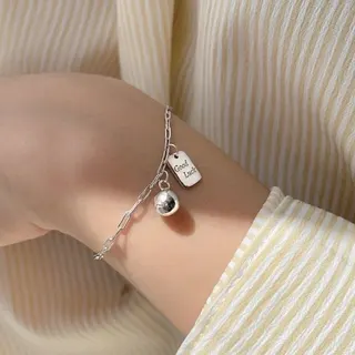 Good Luck Engraved Charm Bracelet for Women, Silver Tone Alloy Chain with Rectangle Tag & Round Bead Pendant, Adjustable 17+5cm Minimalist Lucky Gift Jewelry