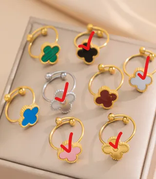 Stainless Steel Four Leaf Clover Ring, Adjustable Open Lucky Clover Band, 18K Gold Plated Hypoallergenic, Multi-Color Fashion Jewelry Gift for Women