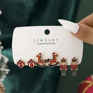Christmas Earrings Set of 3 Pairs - Gift Box, Rocking Horse & Nutcracker Studs, Alloy Enamel, Cute Holiday Jewelry Gift, Korea Designed