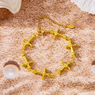 Vintage Cross Bracelet for Women, 18K Gold Plated Stainless Steel Beaded Chain, Adjustable 17+5CM, Religious Style Jewelry Gift