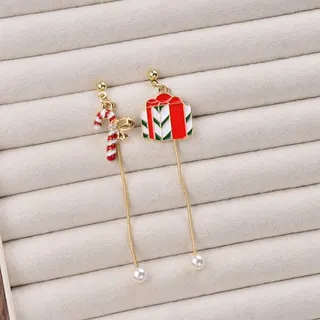 Christmas Earrings Women Asymmetric Snowman Snowflake Long Tassel Dangle Earrings 18K Gold Plated Alloy Enamel Pearl Holiday Party Jewelry
