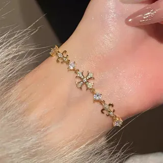 French Vintage Iris Cross Zircon Bracelet, 18K Gold Plated Alloy Chain, Luxury Court Style Hand-Set Cubic Zirconia Adjustable 16-22cm Women Jewelry