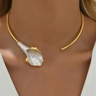 Gold Tulip Flower Collar Necklace - Open Cuff Choker with Drip-Glaze 3D Bloom Pendant, 18K Gold Plated Alloy, Statement Clavicle Chain for Women