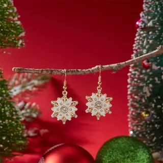 Christmas Snowflake Earrings Women, Rhinestone Crystal White Enamel Alloy Dangle Earrings, Festive Holiday Party Jewelry Gift, 4.1cm