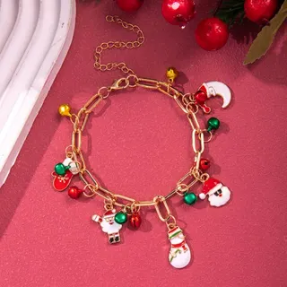 Christmas Charm Bracelet for Women - Bell Snowflake Reindeer Pearl Beads, 18K Gold Plated Alloy, Holiday Party Gift Jewelry, 18+7cm Adjustable
