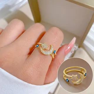 Gold Star Moon Evil Eye Ring, Adjustable Open-Back Zirconia Statement Ring, Boho Stackable Fine Jewelry for Women